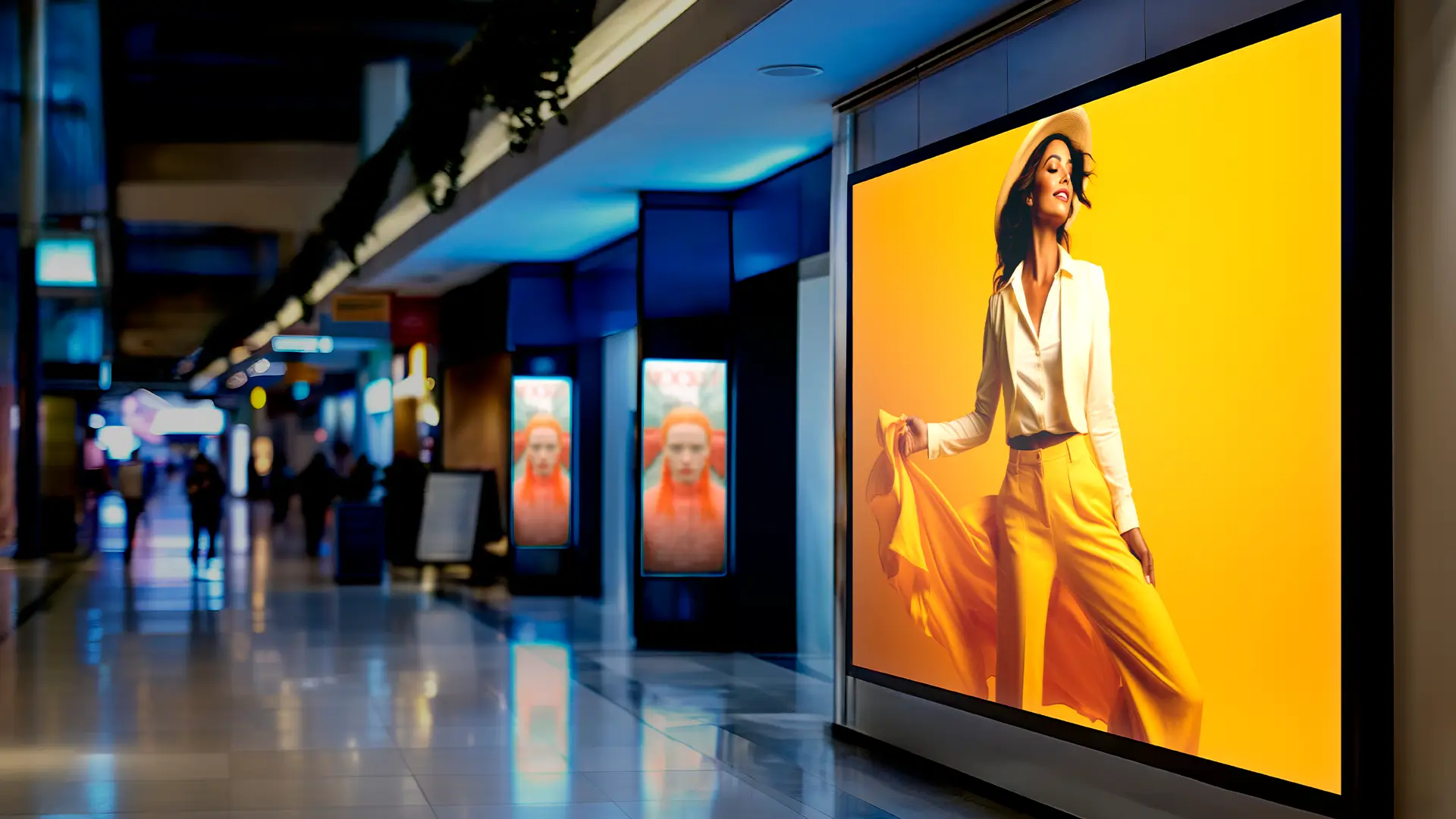 letreiro de LED programável full color instalado na fachada de uma loja comercial exibindo mensagem colorida
